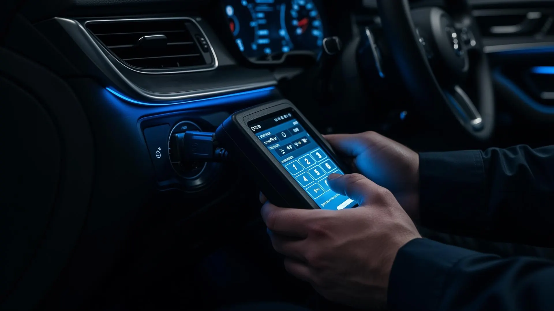 Auto locksmith programming a car key with diagnostic equipment